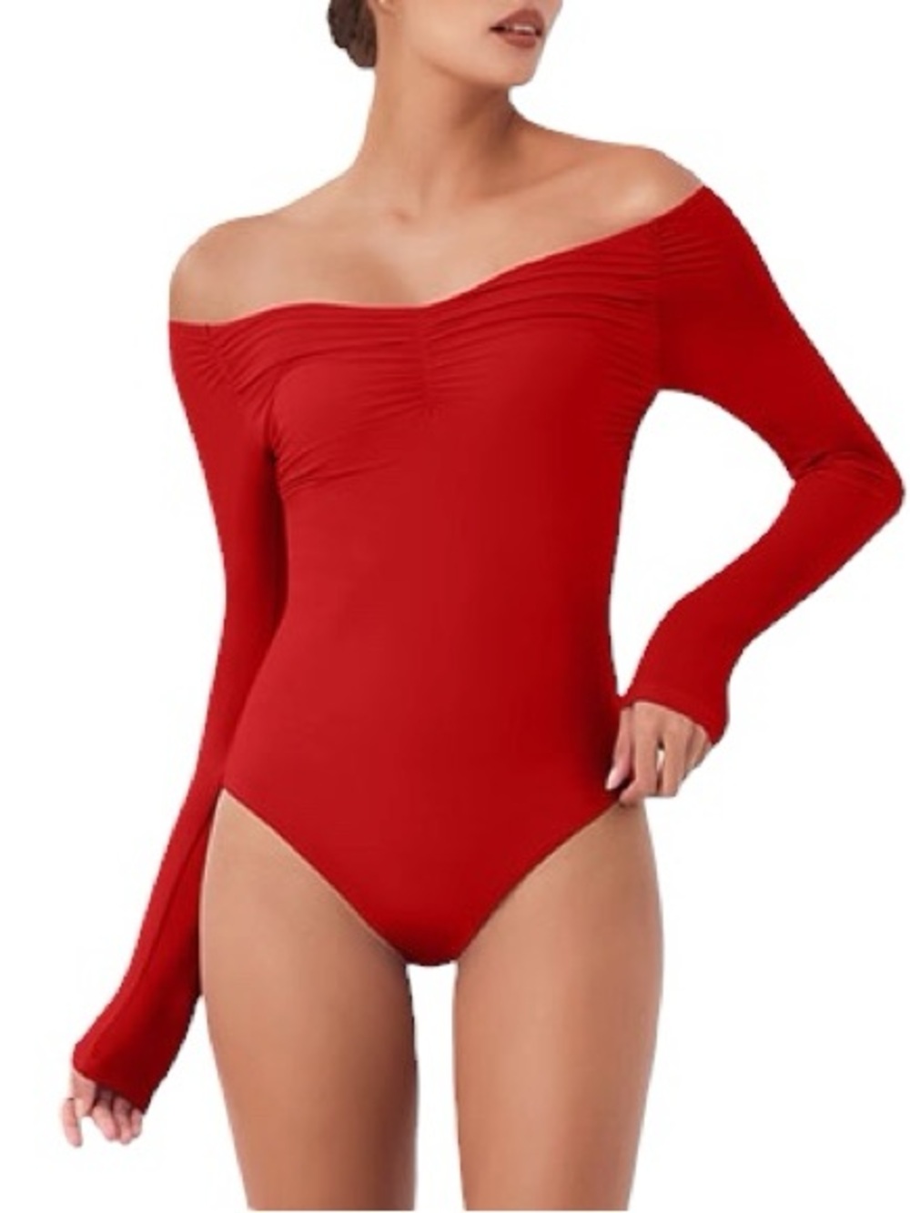 Amazon Off-Shoulder Long Sleeve Red Bodysuit